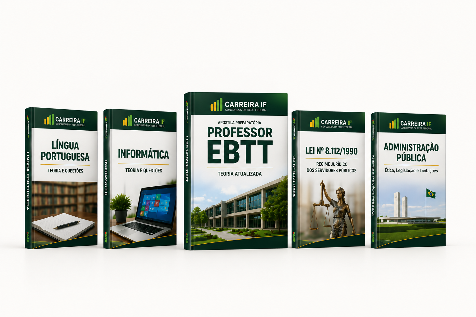 Materiais incluídos: Professor EBTT, Língua Portuguesa, Informática, Raciocínio Lógico, Lei nº 8.112/1990, Administração Pública