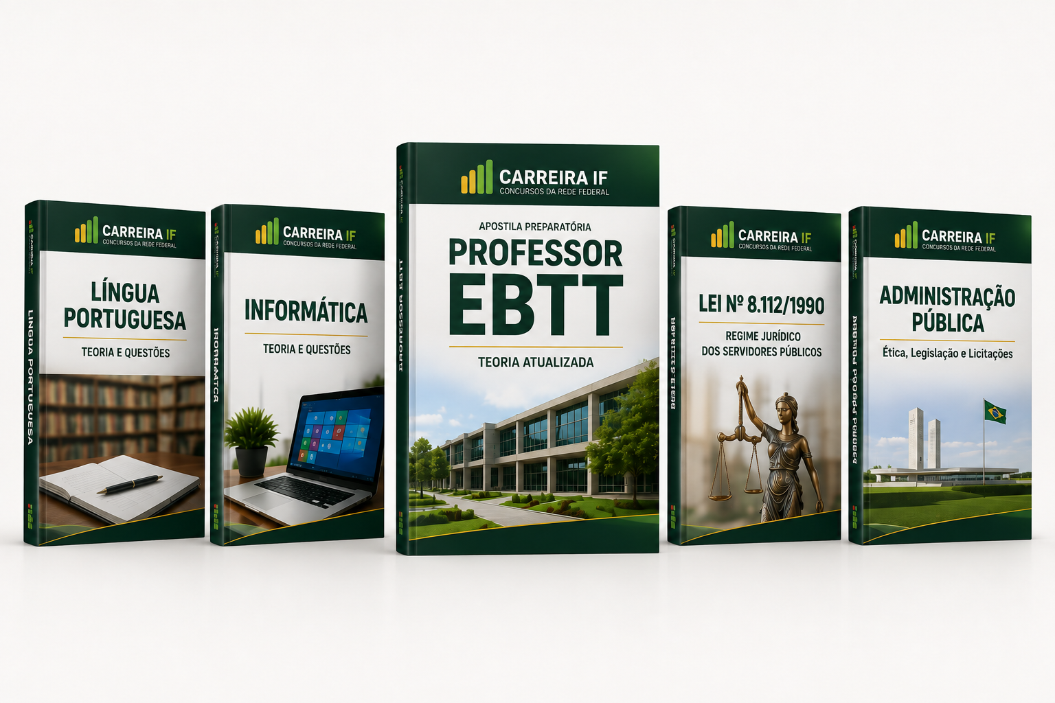 Materiais incluídos: Professor EBTT, Língua Portuguesa, Informática, Raciocínio Lógico, Lei nº 8.112/1990, Administração Pública