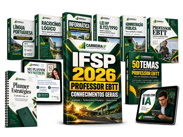 Mockup oficial do pacote completo: Apostila IFSP 2026, Biblioteca CarreiraIF, 50 Temas Professor EBTT, planners e Estude com IA