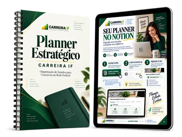 Mockup oficial do Planner Estratégico em PDF e do Planner Notion CarreiraIF